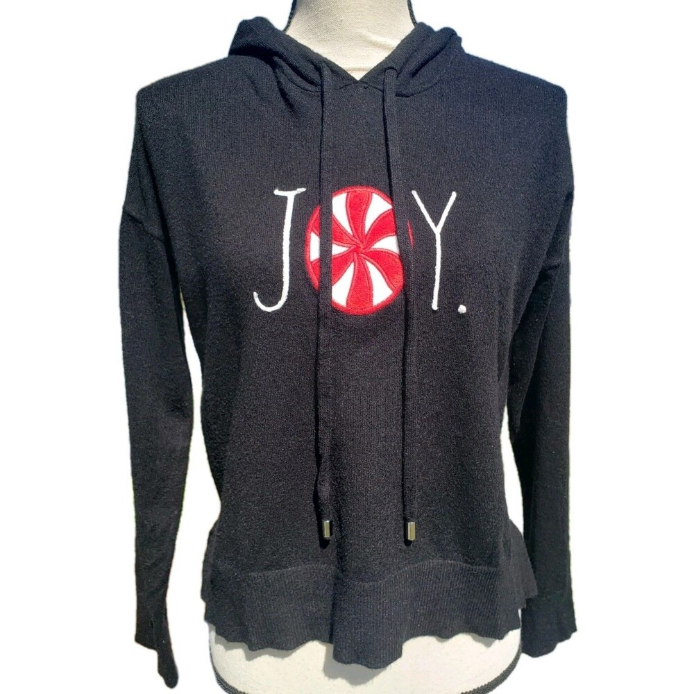 Rae Dunn Women’s Black Drop Shoulder Hoodie Slits JOY Peppermint Sz Small EUC